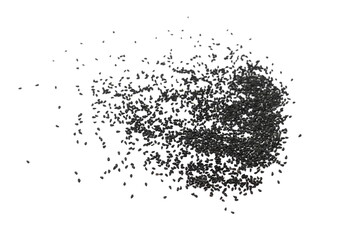 Heap of black nigella seeds. Pile of black cumin seeds spice isolated on white background.