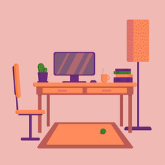 Home workplace, office room,Vector illustration in flat style.