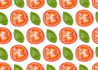 Creative layout made of tomato slices. Flat lay, top view. Vegetables isolated on white background. Food ingredient seamless pattern...