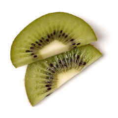 Fototapeta na wymiar Two kiwi fruit slices isolated on white background closeup. Half of kiwi slice. Kiwifruit slice, flatlay. Flat lay, top view...