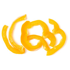 Fototapeta na wymiar Yellow pepper slices isolated on white background cutout. Top view, flat lay...