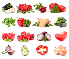Vegetables collection isolated over white background. Set of different fresh raw veggies. Food ingredient. Healthy food concept. .