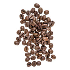 Coffee beans isolated over white background. Top view. Flat lay. Coffee beans flow in air, without shadow..