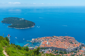 Aerial view of Croatian town Dubrovnik and Lokrum island