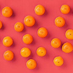 Fruit pattern of fresh orange tangerine or mandarin on living coral background. Flat lay, top view. Pop art design, creative summer concept. Citrus in minimal style.