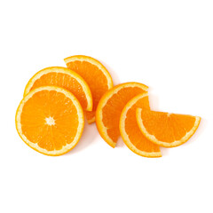 Orange fruit slice layout isolated over white background closeup. Food background. Flat lay, top view..