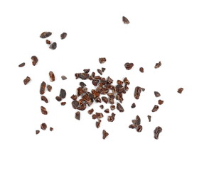 Cocoa nibs, a pieces of broken cocoa beans isolated on white background.