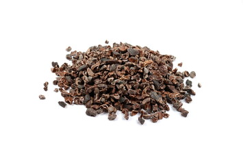 Cocoa nibs, a pieces of broken cocoa beans isolated, top view