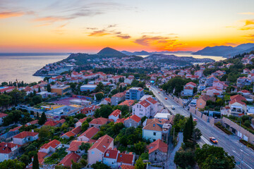 Sunset aerial view of modern part of Dubrovnik, Croatia