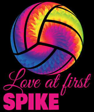Love at First Spike Tie Dye Volleyball Illustration with Clipping Path Isolated on Black