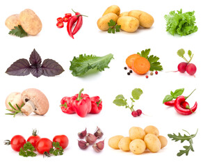 Vegetables collection isolated over white background. Set of different fresh raw veggies. Food ingredient. Healthy food concept. .
