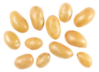 Potatoes isolated over white background. Top view. Flat lay pattern. Potatoes in air, without shadow..