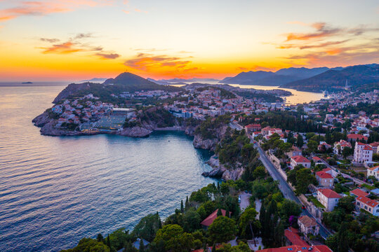 Sunset aerial view of modern part of Dubrovnik, Croatia