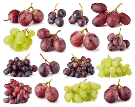 Grape berries collection isolated on white background cutout. Set of different grape branches.