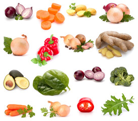 Vegetables collection isolated over white background. Set of different fresh raw veggies. Food ingredient. Healthy food concept. .