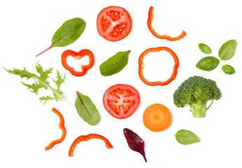 Creative layout made of tomato slice, onion, cucumber, basil leaves. Flat lay, top view. Food concept. Vegetables isolated on white background. Food ingredient pattern.