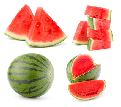 Collection of whole and cut watermelon fruits isolated over white background. Set of different slices..