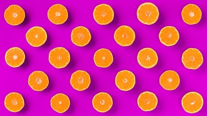 Fruit pattern of fresh orange tangerine or mandarin over lilac background. Flat lay, top view. Pop art design, creative summer concept. Citrus in minimal style..