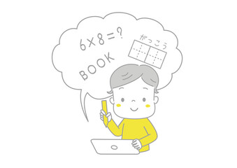 タブレット学習　タブレット端末を使って遠隔授業を受ける男の子　勉強をする男の子