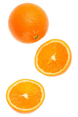 falling fresh orange fruit slices isolated over white background closeup. Flying food concept. Top view. Flat lay. Orange slice in air, without shadow..