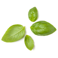 Sweet Basil herb leaves isolated over white background closeup. Flat lay, top view..