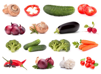 Vegetables collection isolated over white background. Set of different fresh raw veggies. Food ingredient. Healthy food concept. .