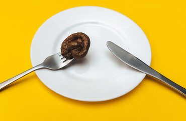 A fork strung fake plastic feces which are lie on a white plate with knife top view. The concept of an inept cook, a crappy restaurant, bad food, a taste of shit. Bad smelling joke.