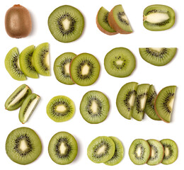 Kiwi isolated on white background. Flat lay, top view. Set of different composition of kiwi slices.