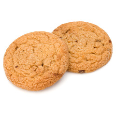 Two Chocolate chip cookies isolated over white background. Sweet biscuits. Homemade pastry..