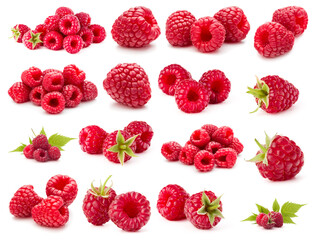 Raspberry isolated on white background. Set of different composition of raspberries.
