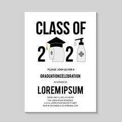 Naklejka premium Graduation Ceremony Class of 2021 invitation card with toilet paper. Funny graduation party invite. Coronavirus COVID-19 Quarantine concept. Grad announcement template. Vector illustration