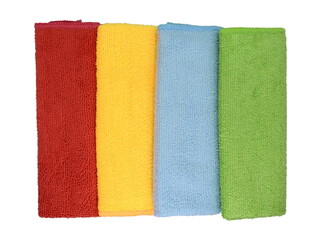 Stack of color microfiber cloths isolated on white. Row of Colorful microfiber towels.