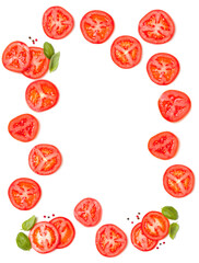 Creative layout made of tomato slices and basil leaves. Flat lay, top view. Food concept. Vegetables isolated on white background. Food ingredients pattern with copy space.