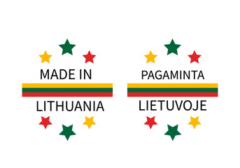 Made in Lithuania labels in English and in Lithuanian languages. Quality mark vector icon. Perfect for tags, badges, stickers, emblem, product package, logo design, etc