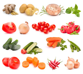 Vegetables collection isolated over white background. Set of different fresh raw veggies. Food ingredient. Healthy food concept. .