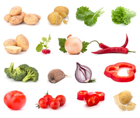 Vegetables collection isolated over white background. Set of different fresh raw veggies. Food ingredient. Healthy food concept. .