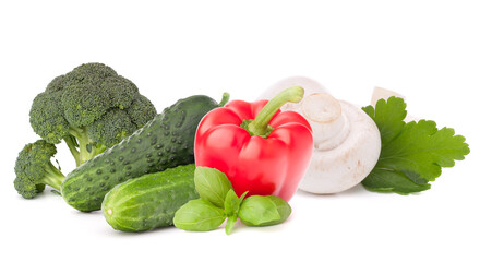 Isolated vegetables. Sweet bell pepper, broccoli, cucmber and champignon  isolated on white background.