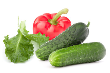 Isolated vegetables. Sweet bell pepper, and cucumber isolated on white background.