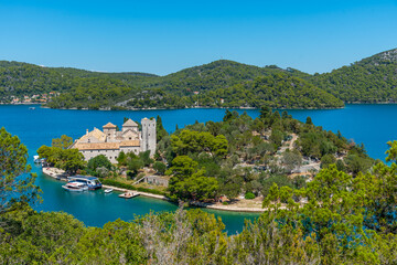 Small island with benedictine monastery of Saint Mary at Mljet national park in Croatia