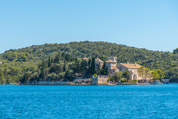 Small island with benedictine monastery of Saint Mary at Mljet national park in Croatia