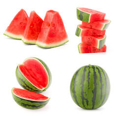 Collection of whole and cut watermelon fruits isolated over white background. Set of different slices..