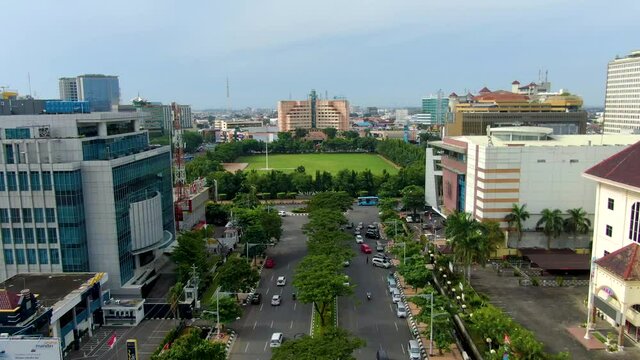 Aerial view on street in Semarang downtown leading to Simpang Lima, Indonesia