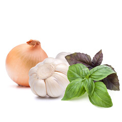 Isolated vegetables. Onion, garlic isolated on white background