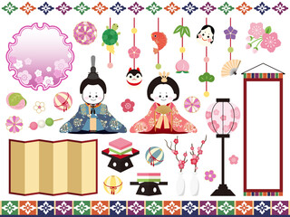 カラフルなひな祭りの小物イラストとフレーム素材