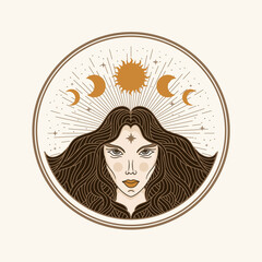 Moon woman, illustration with esoteric, boho, spiritual, geometric, astrology, magic themes, for tarot reader card or posters