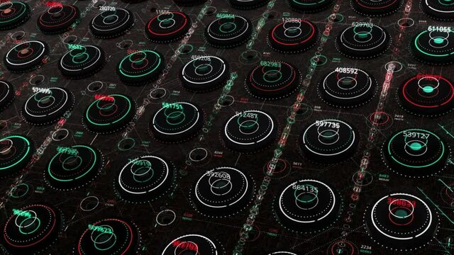  Endless rows of representated data in digital view, seamless loop. Animation. Screen of programming data with digits and circles.