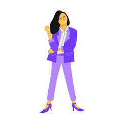 Cheerful young woman wearing trendy purple office suit. Flat vector design character illustration with white background