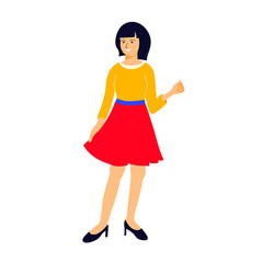 Cheerful young woman wearing trendy colorful dress. Flat vector design character illustration with white background