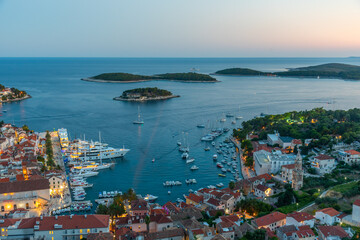 Sunset view of Hvar and Paklinski islands in Croatia