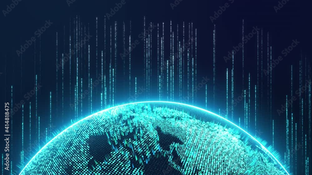 Poster digital earth globe rotating in cyberspace with data flowing neon light stripe, 3d futuristic global